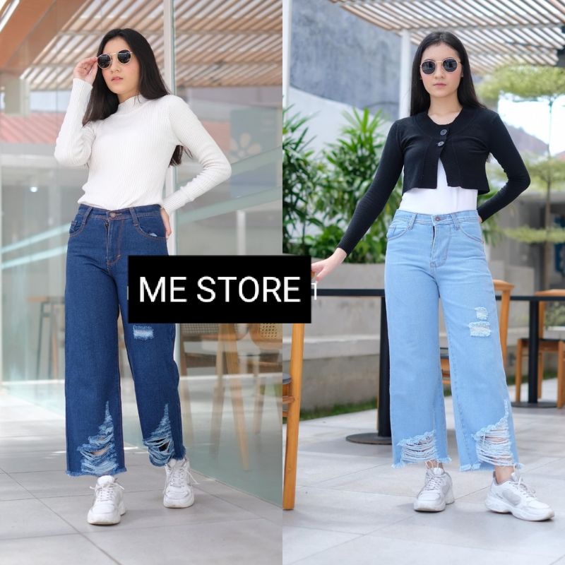 Celana Jeans Kulot Sobek 7/9 Wanita / Kulot Jeans / Celana Kulot  / Boyfriend