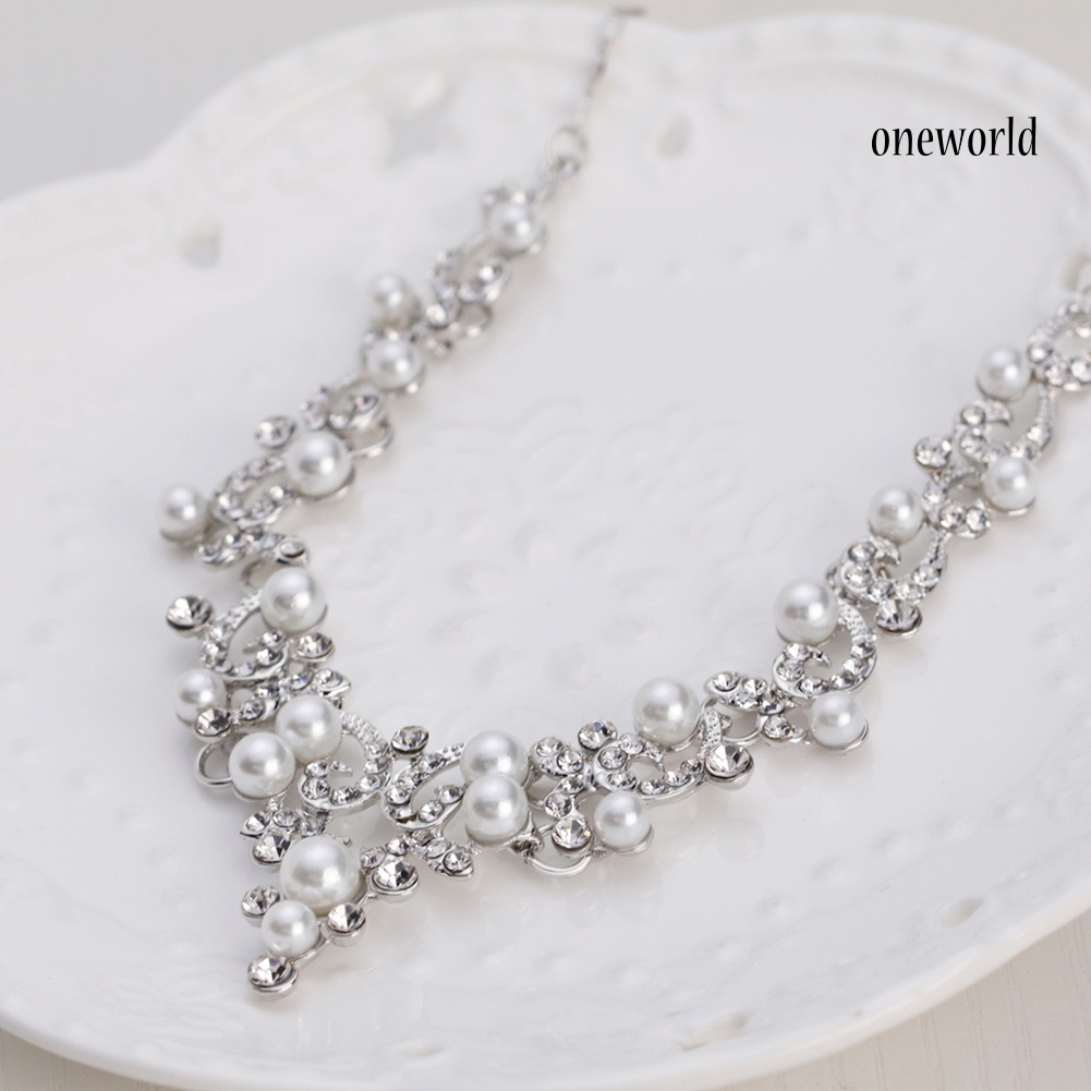 OW@ Fashion Alloy Rhinestone Faux Pearl Necklace Earrings Women Bride Jewelry Set