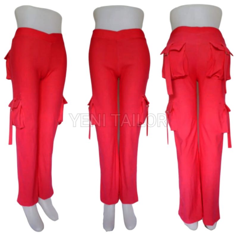 celana cargo panjang wanita merah bahan denim spandek