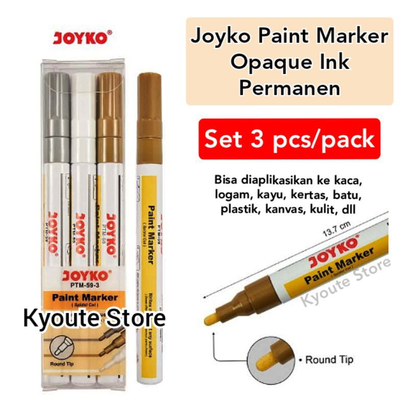 

Joyko Paint Marker Set 3 pcs Opaque Ink Silver Gold White Permanen Menulis Menggambar Mewarnai