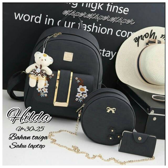 Backpack gold flower 3in1 tas ransel fashion wanita modern
