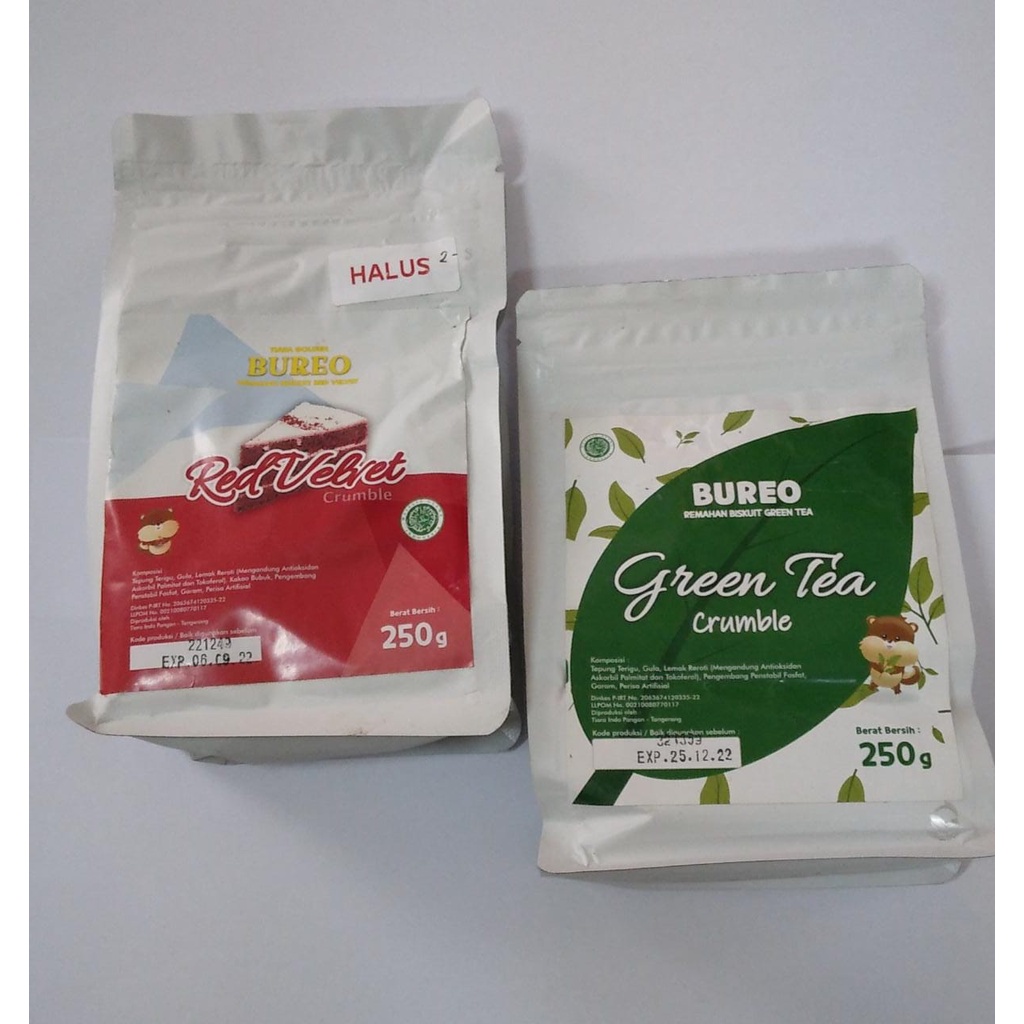 

REPACK BUREO CRUMBLE 250GR RED VELVET DAN GREENTEA