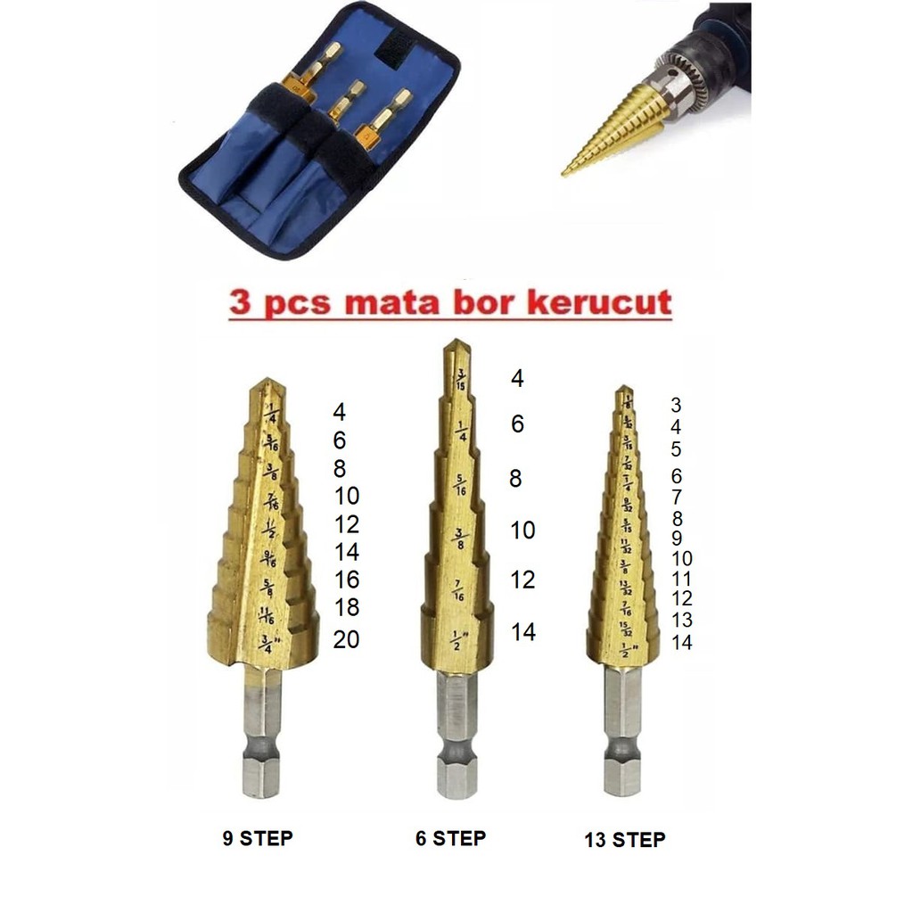 MATA BOR PAGODA HSS BOR KERUCUT STEP DRILL BOR SET TITANIUM BOR BESI KAYU MULTI STEP AA