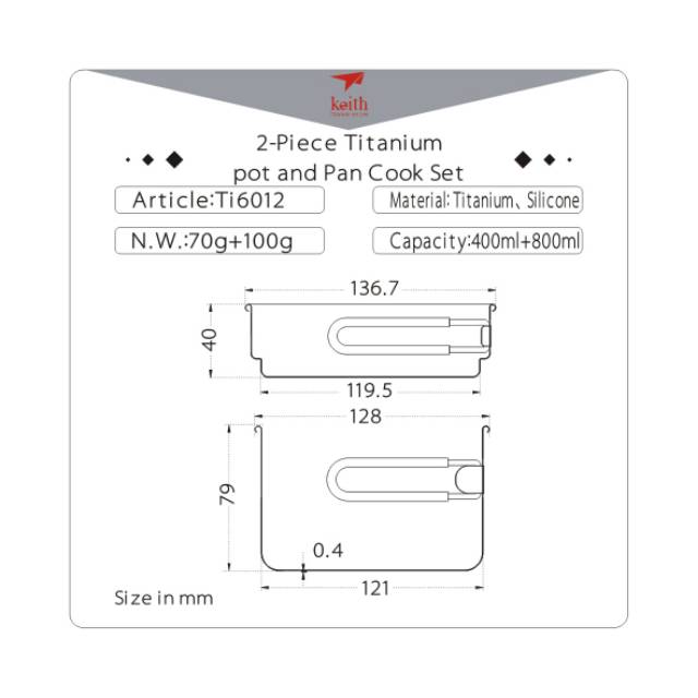 Keith titanium Ti6012 frypan 400ml pot 800ml frying pan wajan panci foldable Ultralight