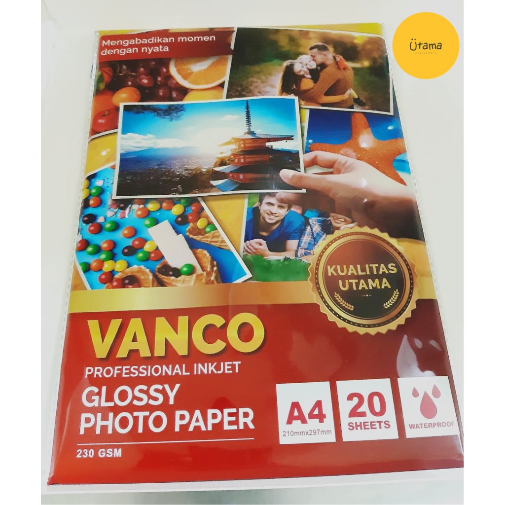

Glossy Photo Paper Vanco A4 ISI 20 SHEET 230 gsm (Grosir 5pc @14.000)