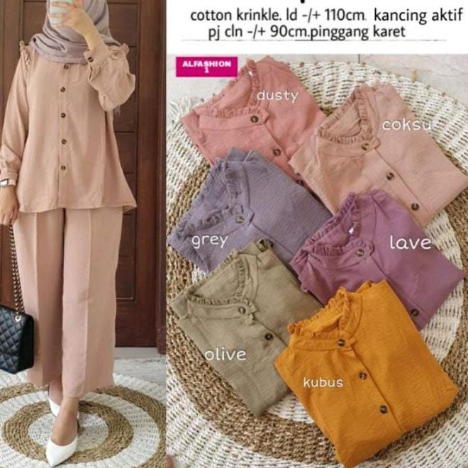 "Is31au22ј" Slimpi Baju Setelan One Set Polos Wanita Bahan Katun Crinkle Premium Lengan Panjang XL L