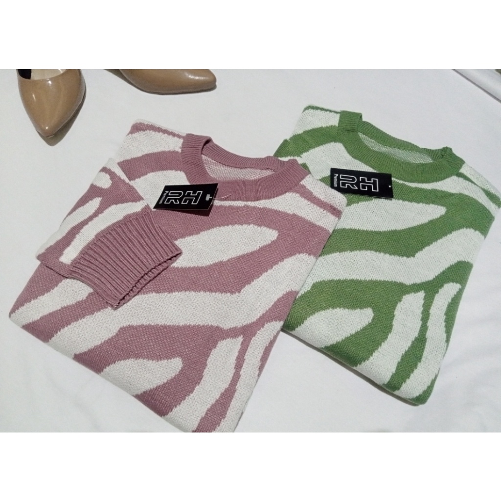 RH - SWEATER BAJU RAJUT CROPTOP CREW NECK MOTIF ZEBRA TEBAL HALUS ORIGINAL