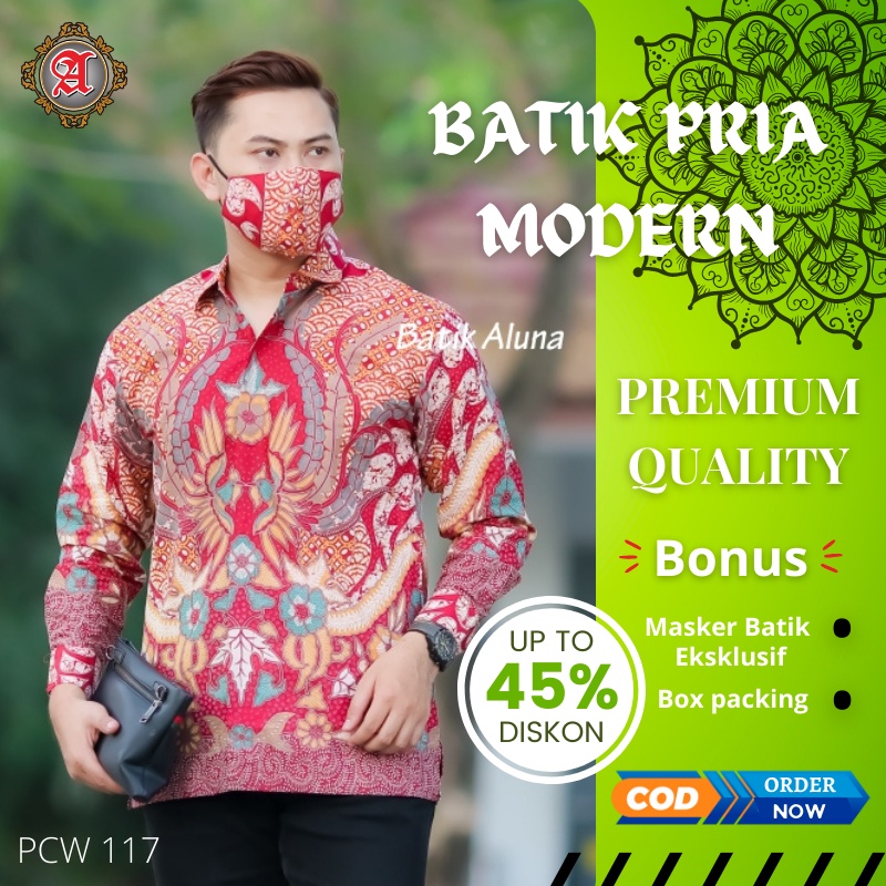 Baju Batik Pria Lengan Panjang Lapis Furing Slim fit Modern Aluna Sragen Original Kemeja Kerja Cowok