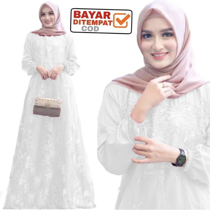 Size L XL XXL / Gamis Muslim Farasya / Maxi Brukat Selma Tulle Premium Jumbo Murah Brokat Navy Marun-Putih