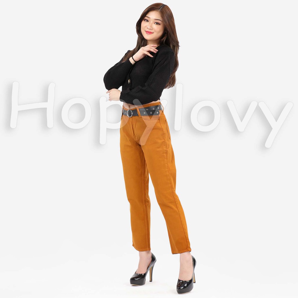 HOPYLOVY - Celana Jeans Boyfriend Wanita Polos Warna Faustine