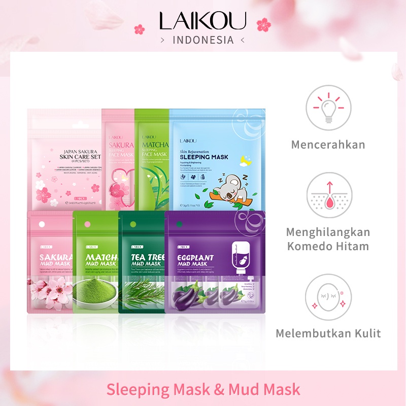 LAIKOU Sakura Mud Mask Mathca Green Tea Memperbaiki Jerawat Tea Tree Eggplant Penghilang Pembersih Komedo