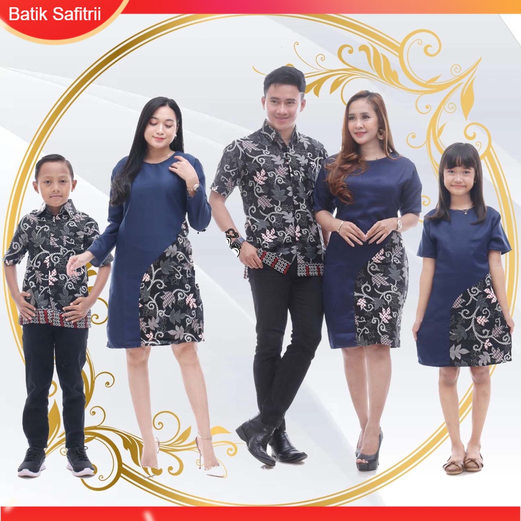 Couple Keluarga - Batik Kombinasi Keluarga Natal - Ibu Bapak Anak - Motif Moscrep Navy - Dress Tunik