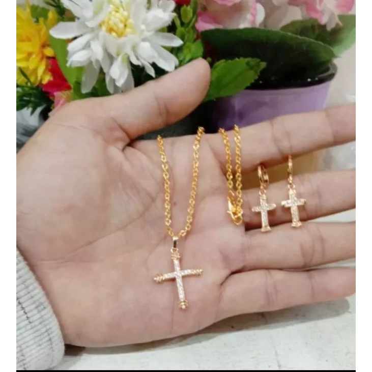 kalung Nuri liotin salib free anting perhiasan dewasa kuning lapis mas24k awet dan tidak muda luntur