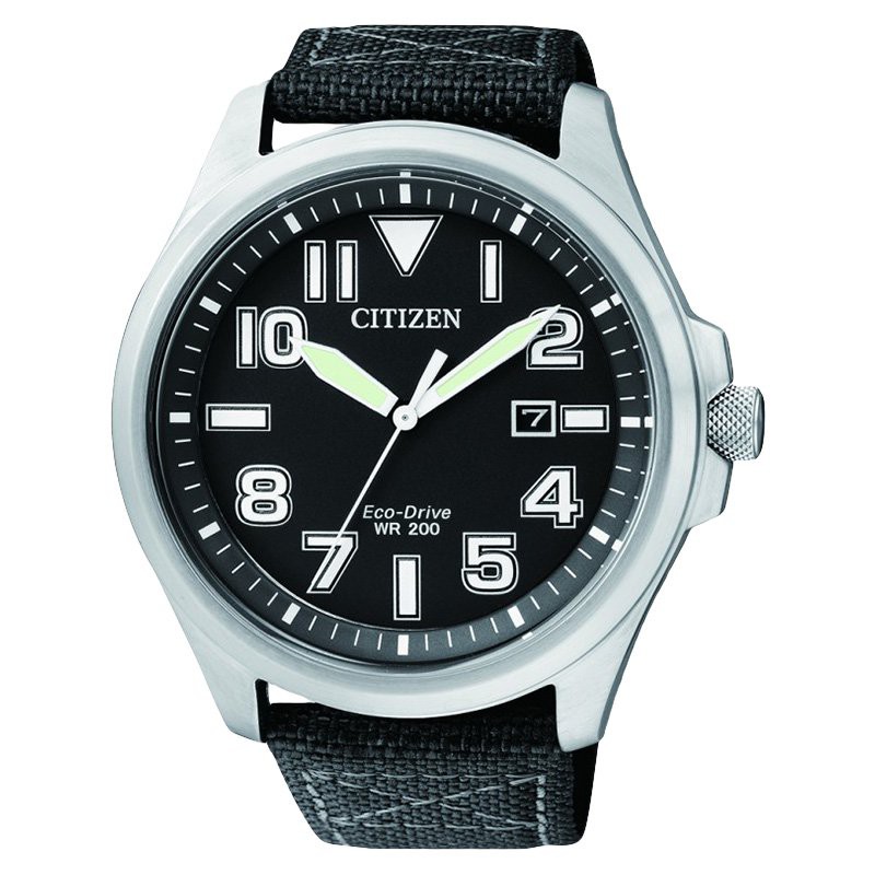 Jam Tangan Pria Citizen AW1410-24E Men Eco-Drive Military WR 200M Black Dial Nylon Strap