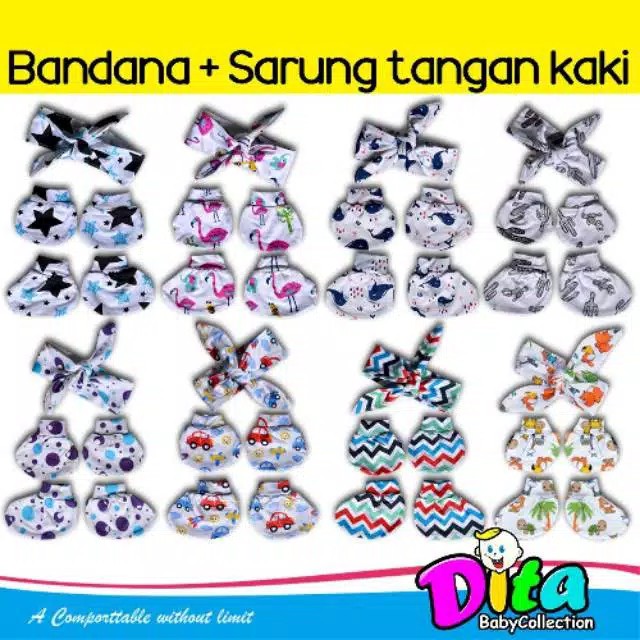 Bandana + Sarung Tangan Kaki Perlengkapan Bayi Sarung Tangan Kaki Murah Sarung Tangan Kaki Dita