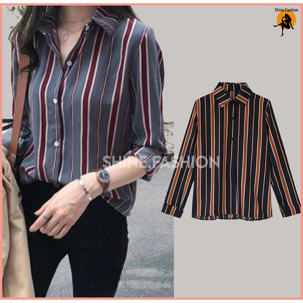 Kemeja Wanita Model Korea Potongan Longgar Lengan Panjang Motif Garis Vertikal 9042 Shopee Indonesia