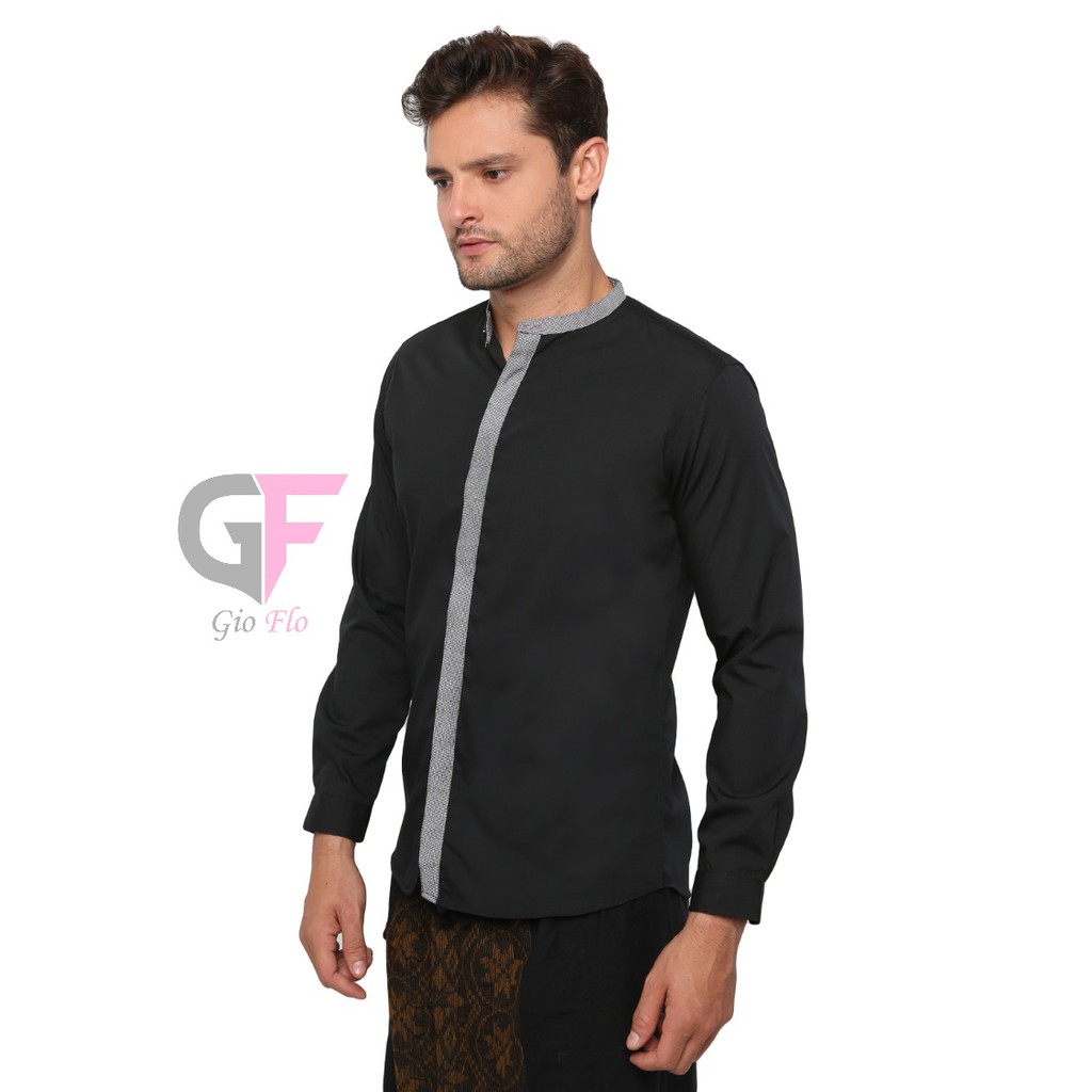 GIOFLO Baju Kemeja Koko Kerah Shanghai Panjang Slim Fit Modern Hitam / KMP 06