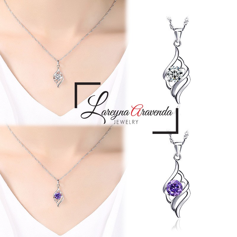 Kalung Titanium Asli + Liontin Model 3 Wave Crystal Kristal Zirconia KL021