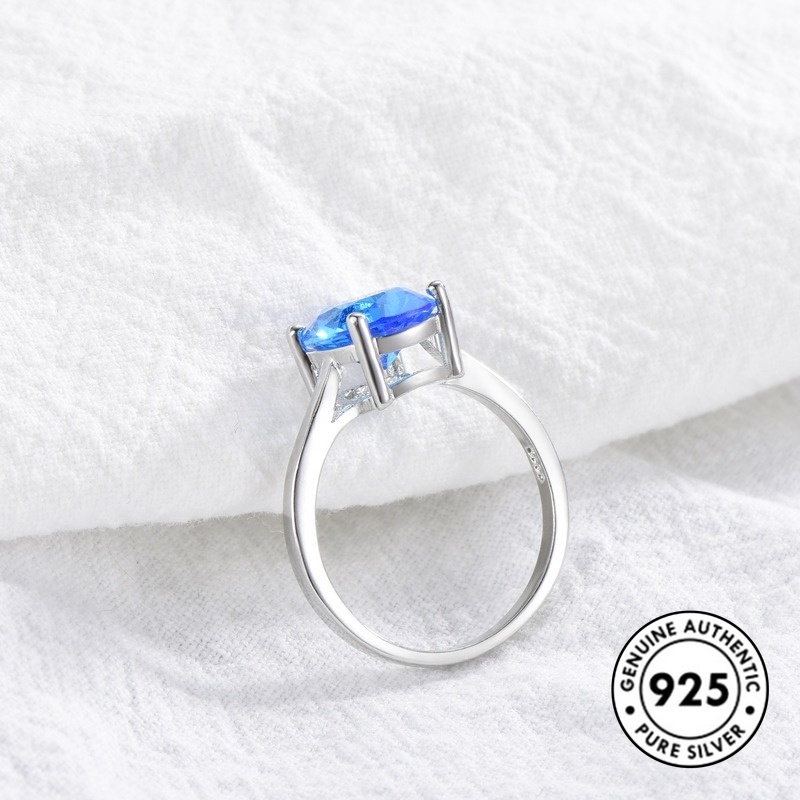 Cincin Sterling Silver 925 Klasik Dengan Kristal Warna Biru Untuk Wanita