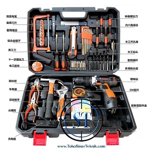 Paket Bor Listrik Cordless Baterai Charger Cas Obeng Beton Kayu Besi Set Perkakas Set Toolkit koper 102 Pcs