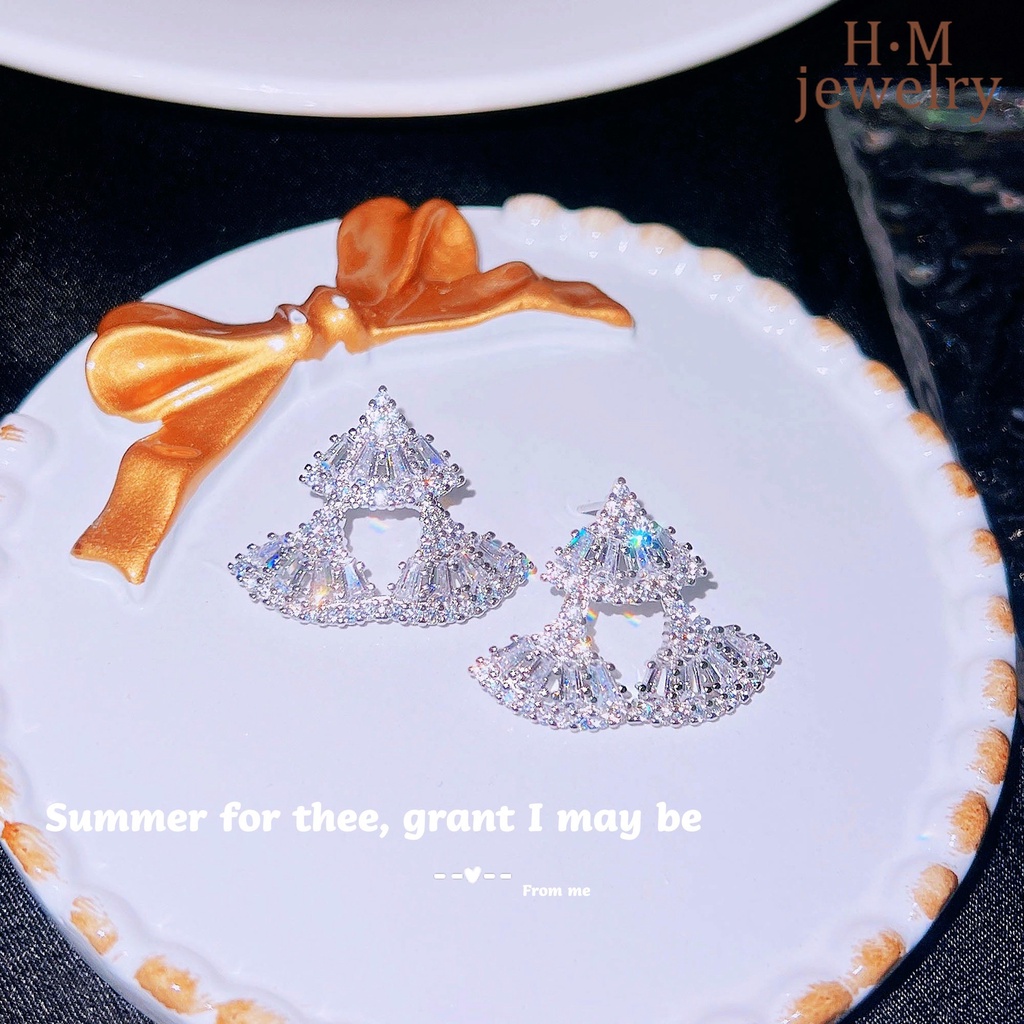 Anting Tusuk Sterling Silver 925 Desain Kipas Hias Berlian Untuk Wanita