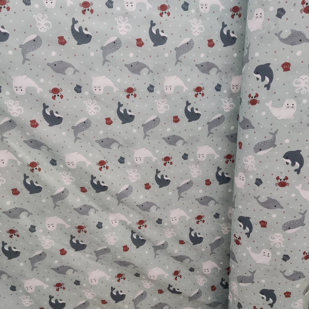 KAINKU - Kain Meteran Katun Lokal CVC motif anak whale tosca &amp; abu (harga 1 meter)