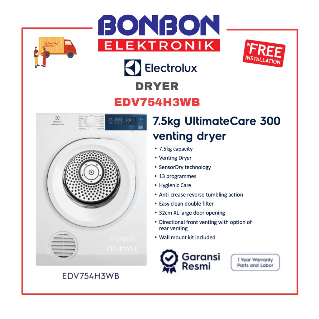 Electrolux Dryer 7.5KG EDV754H3WB / Pengering Pakaian 7.5 KG EDV 754H3WB UltimateCare