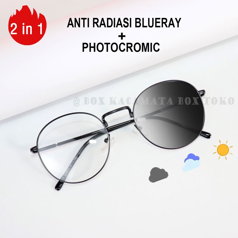 Kacamata Korea Bulat PHOTOCROMIC ANTI RADIASI BLUERAY 2in1 Fashion Kekinian pria dan wanita 9018-2