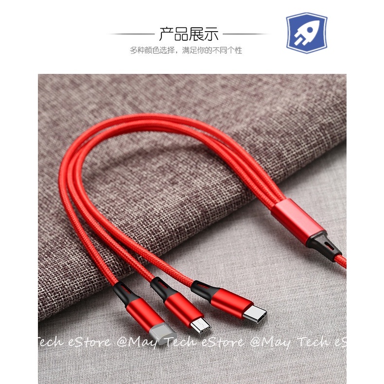 Kabel 3 in 1 Untuk iPhone / Android Fast Charger iOS + Micro USB + Type C