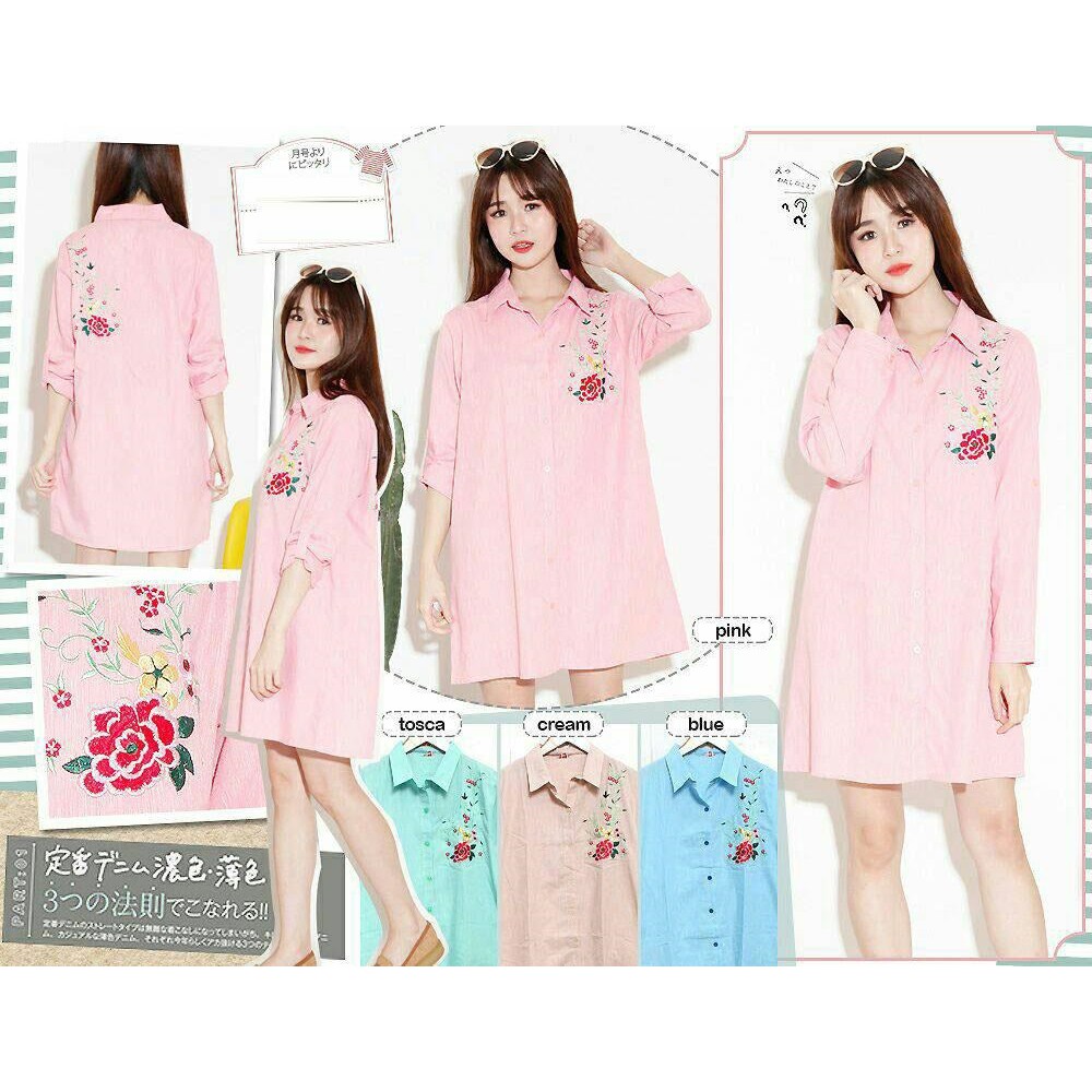 DISKON kemeja tunik dress linen bordir bunga branded Isuka