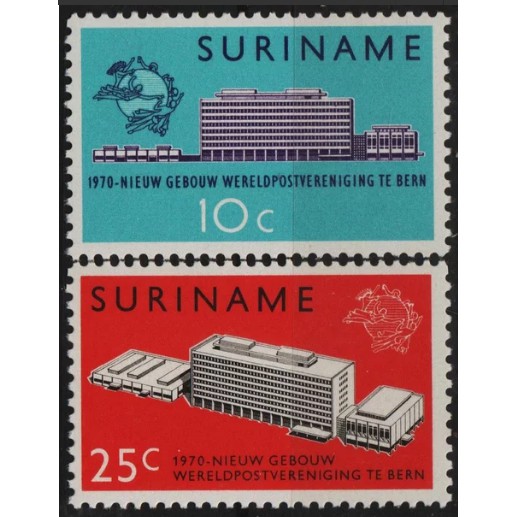 

Perangko Filateli A4-116 suriname MNH 2v 20.05.1970 new u.p.u. headquarters building