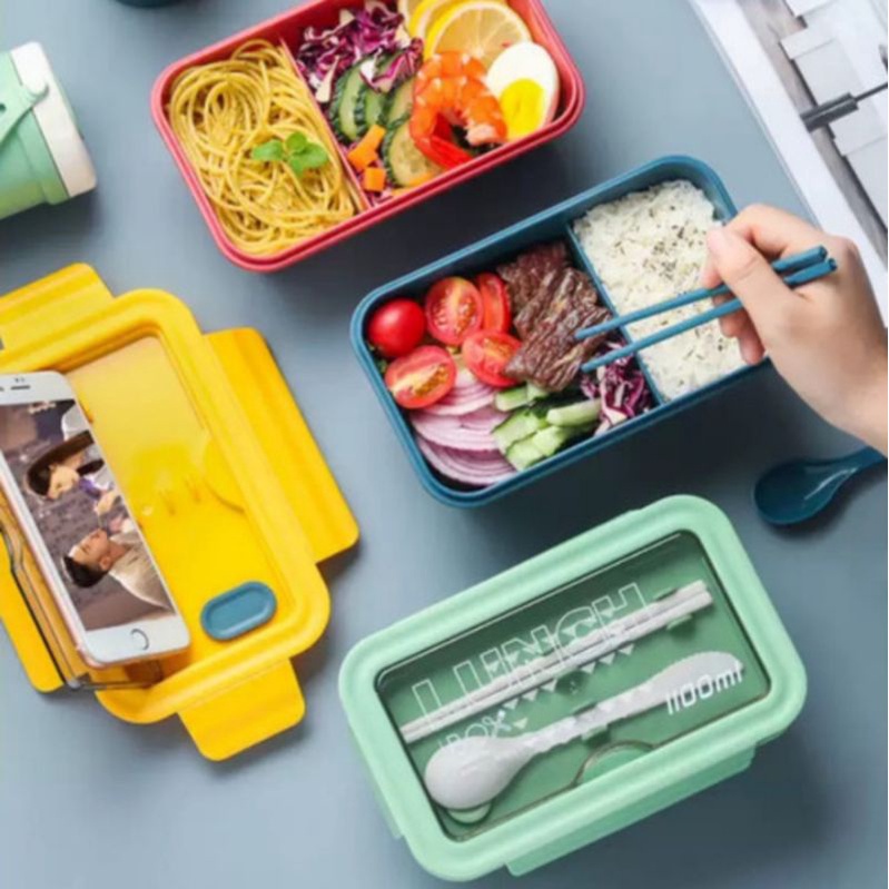 Kotak Bekal HEALTHY Tempat Makan ada Pegangan 2 Sekat Bahan Tebal Gratis Sendok Garpu