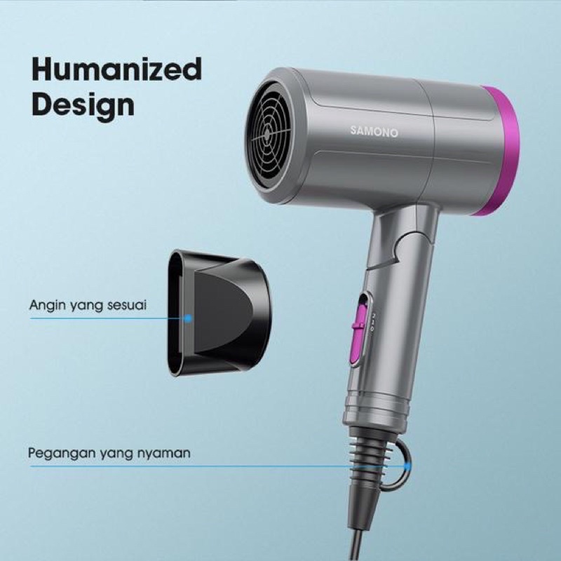 Samono Hair Dryer 1000Watt Pengering Rambut Dapat Dilipat 2 Tingkat Kecepatan Proteksi Ganda Garansi Original Resmi