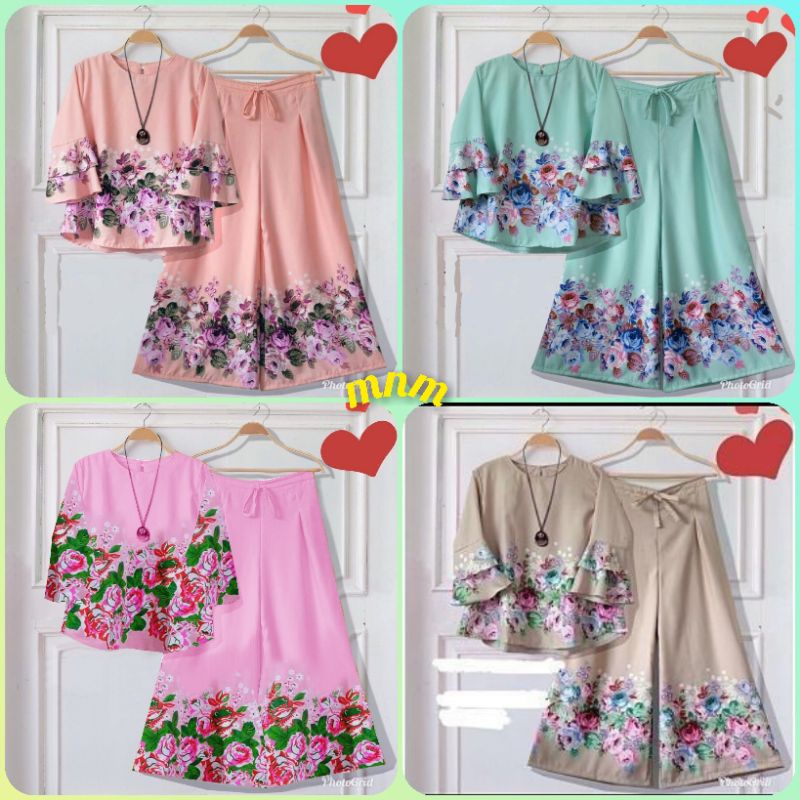 SETELAN WANITA TANGAN TEROMPET MODERN STELAN CEWEK KECE CELANA KULOT MOTIF BUNGA BUAT SANTAI BERAKTI