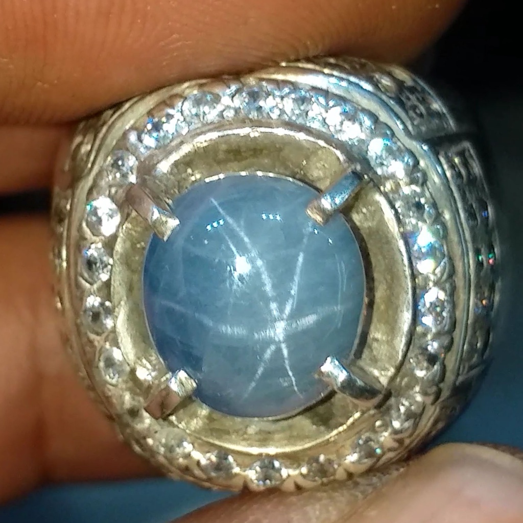 Batu Mulia Blue Sapphire Star 6 Ray Birma 5 crt Bintangnya Tajam Ring Perak