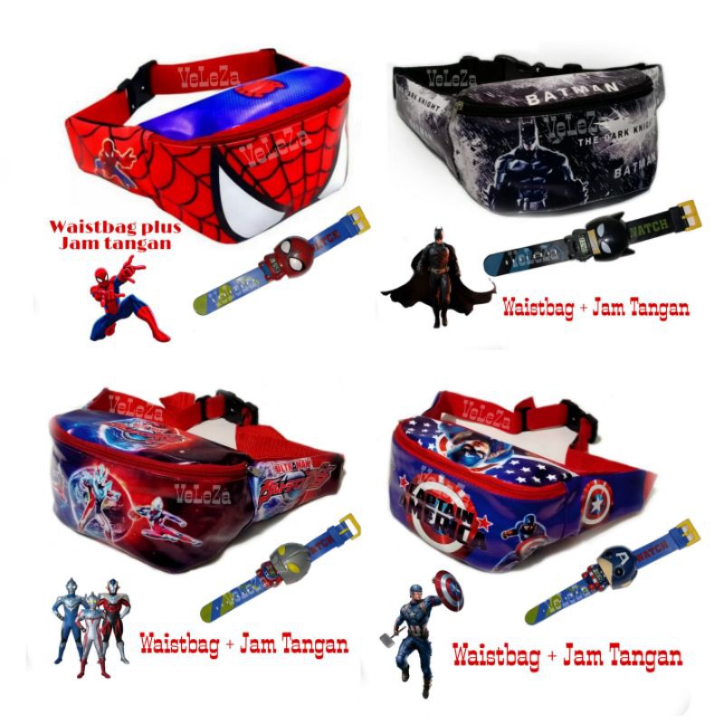 Waistbag Anak Karakter Superhero 2in1 - Waistbag + Jam Tangan - Tas Anak