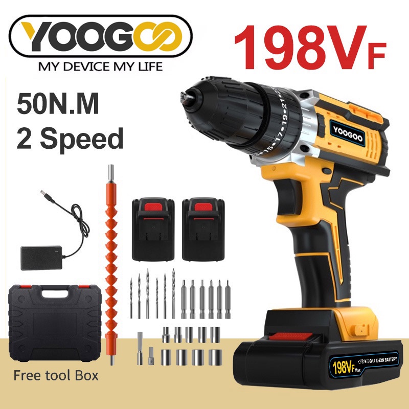 198Vf Impact Drill Mesin Bor Elektrik - Electric Drill Set - Baterai Ganda Mesin Bor Cordless Mesin Bor Tangan Elektrik Bor listrik Warranty