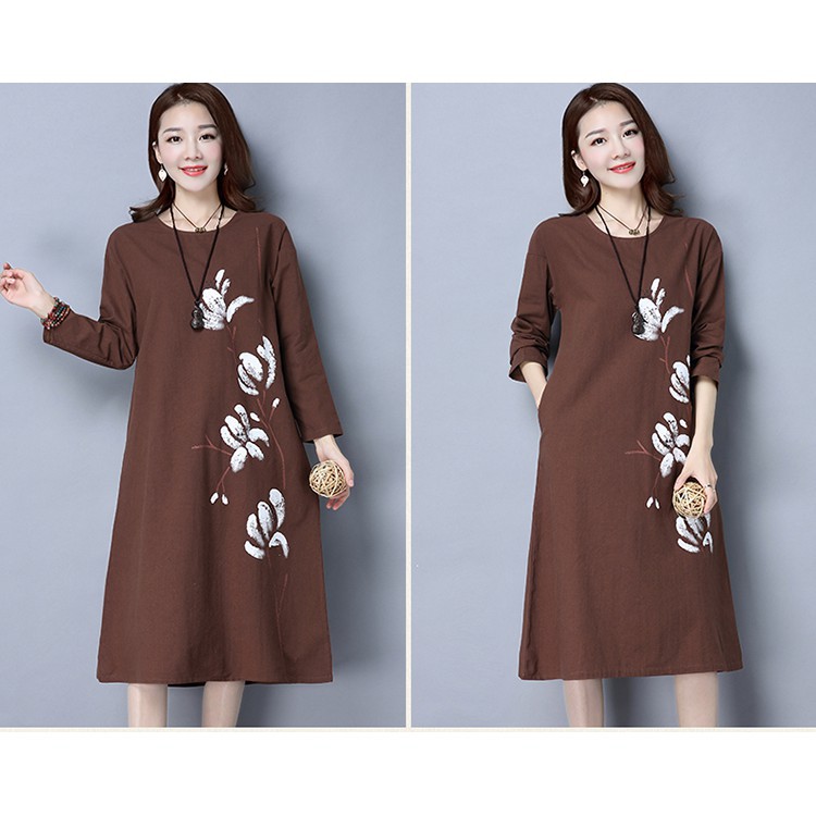 Dress Lengan Panjang Casual Model Longgar Gaya Vintage Versi Korea Bahan Katun Linen untuk Wanita