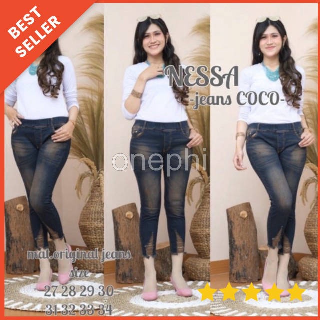 CELANA Wanita NESSA JEANS LEGGING JEANS 7/9 Pinggang Karet Melar Nyaman