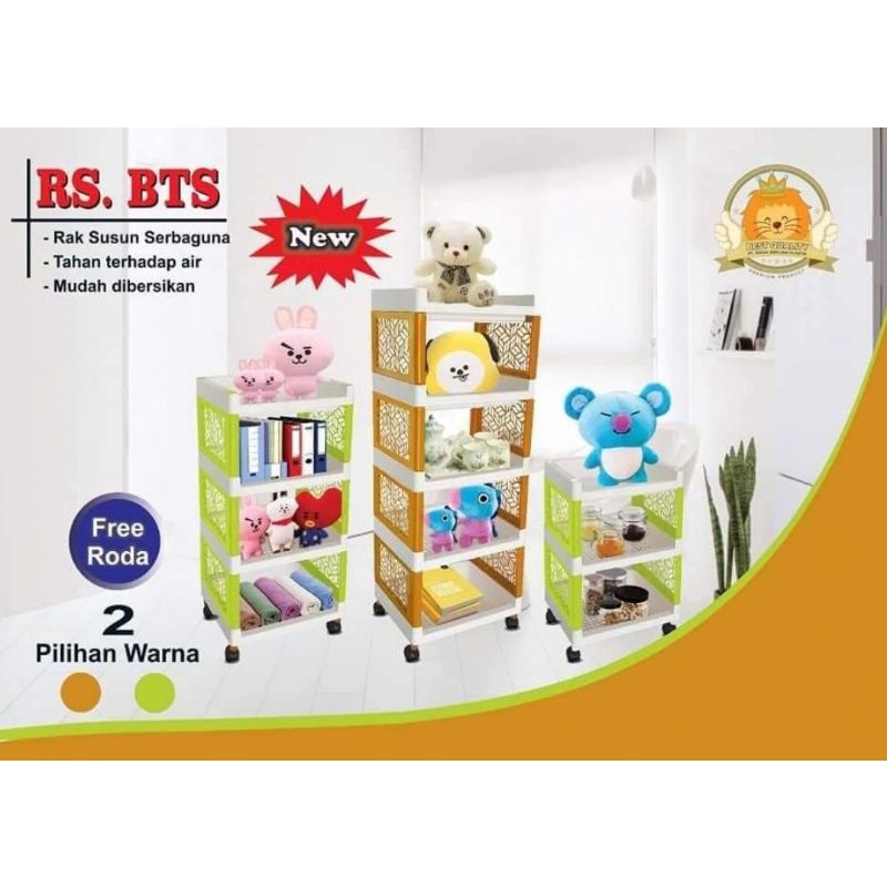 Rak BTS 4 susun dengan 4 roda di kaki hijau