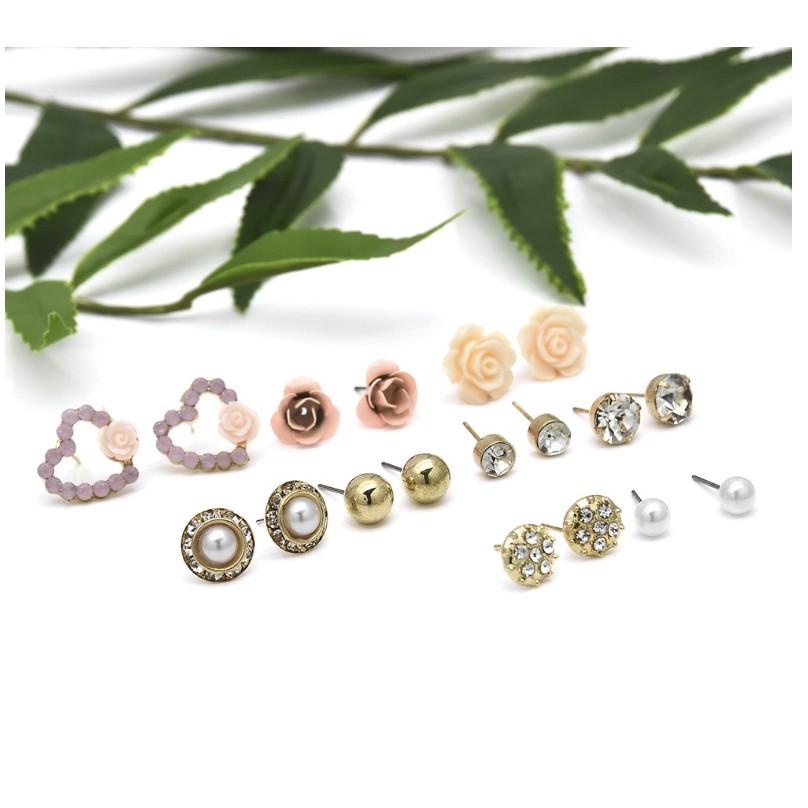 9 Pasang Set Anting Tusuk Wanita Mutiara Bunga Hati Stud Aksesoris Fashion Wanita womens Earring