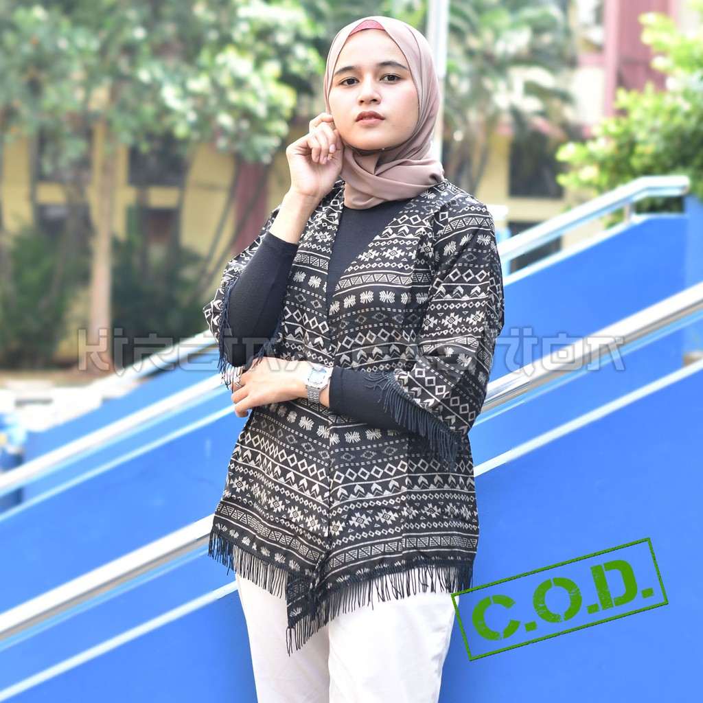 Cardigan Rumbai Wanita Motif Bohemian Bahan Katun Rayon Viscose | Kireina Fashion