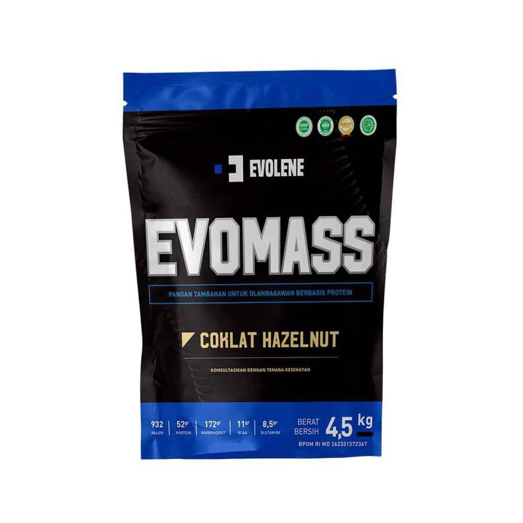 Evomass Coklat Hazelnut 4500gr/20x serving + Free Shaker - Penambah massa otot - Suplemen fitness - Pembentuk otot - Kaya Nutrisi - Surplus kalori - Minuman susu workout - Susu penambah berat badan - Evo Mass mas Evomas Evolene Evoline Evolen