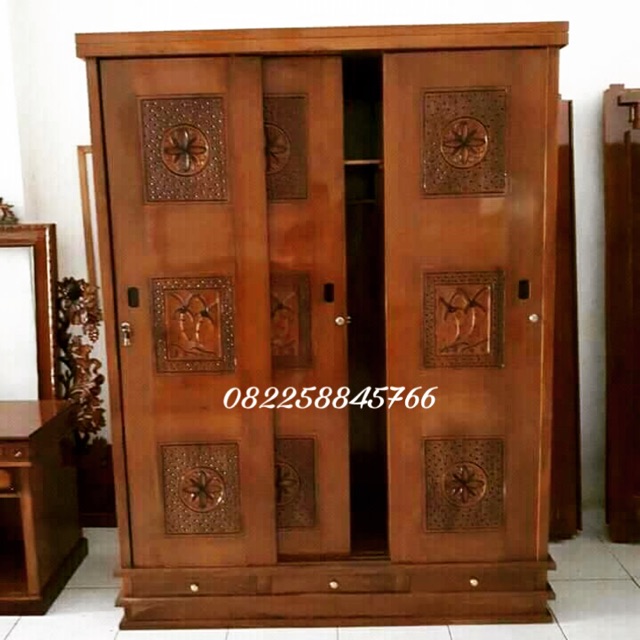 Lemari Sliding 3 Pintu Ukir Minimalis Bahan Kayu Jati Buatan Jepara Shopee Indonesia