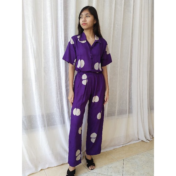 One Set Setelan Tie Dye Bali Kemeja Lengan Pendek - ONE SET Piyama Tie Dye Wanita & Pria GROSIR-GKS VioletKopi