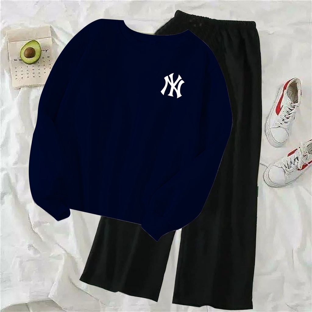 (COD)ST NY / Stelan Kulot Polos Wanita / Stelan Sweater Terlaris / Stelan NY Bordir / Sweater Lengan Panjang&Celana Kulot Viral-NAVY ATASAN SAJA