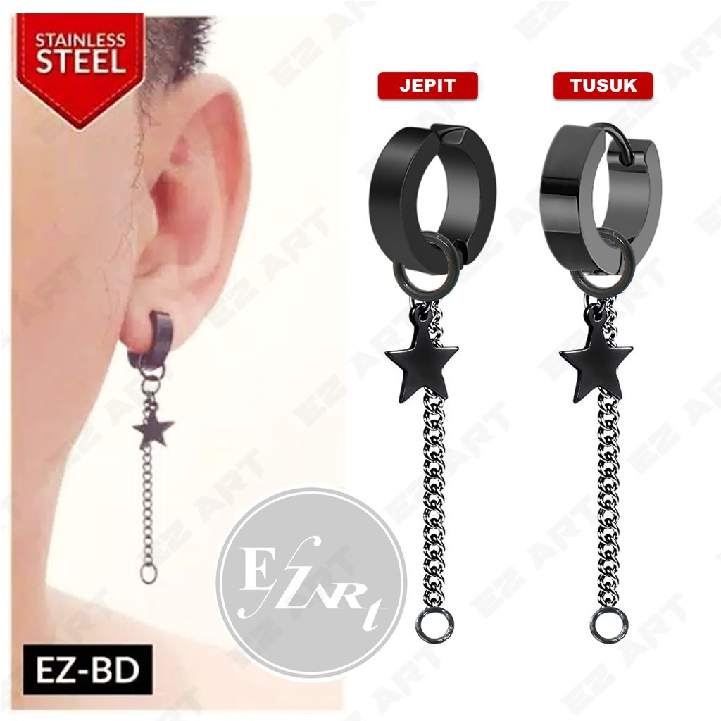 1Pc Model EZ-BD Black Hitam Anting Jepit Tusuk Variasi Bandul Punk Korea Kpop BTS