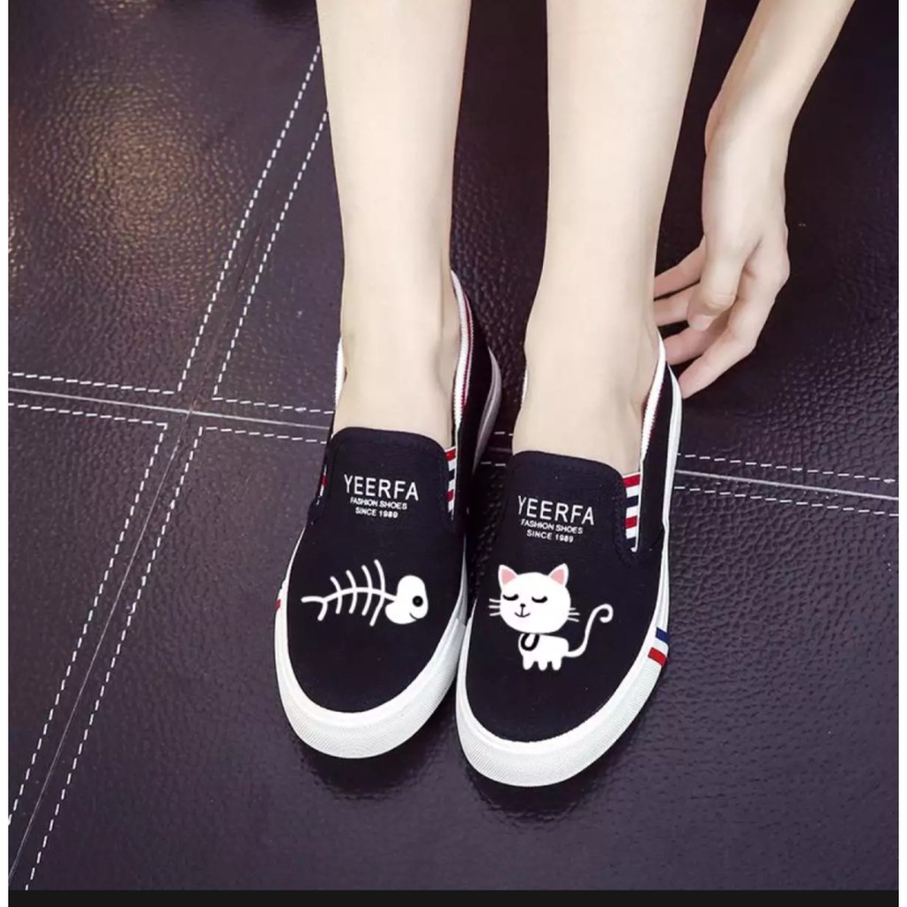 HD-SEPATU WANITA SLIP ON BONE FISH PRINTING MURAH - ABU HITAM DAN BIRU DONGKER