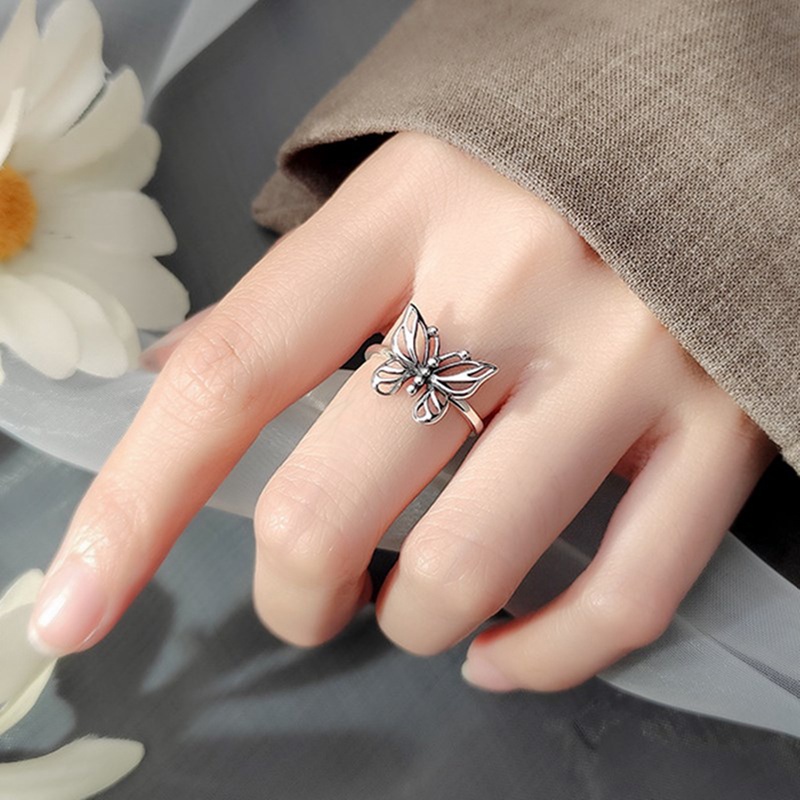 Cincin Model Terbuka Bahan Sterling Silver 925 Desain Kupu-Kupu Hollow Gaya Korea Vintage Untuk Wanita