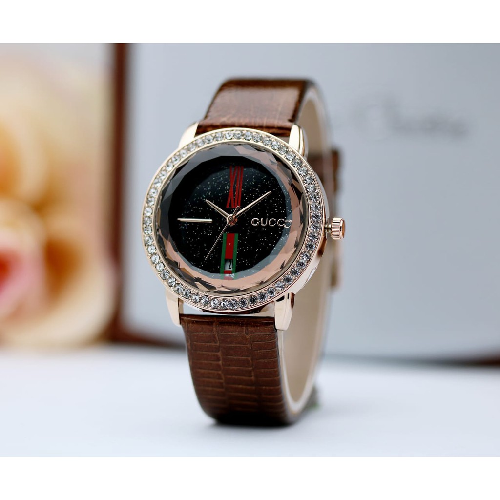 Jam Tangan Wanita Cewek Fashion Analog Gucci Tanggal Tali Kulit